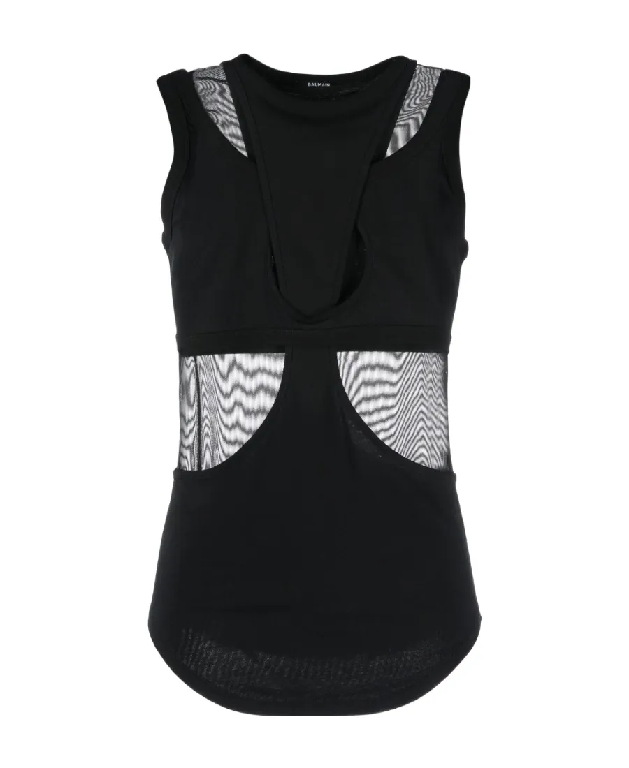Sleeveless Mix Jersey Mesh Cut Out Top