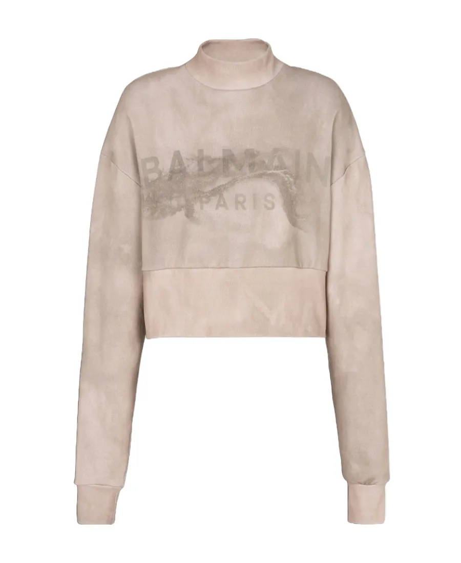 Eco-Responsible Cotton Cropped Sweatshirt With Balmain Logo Print