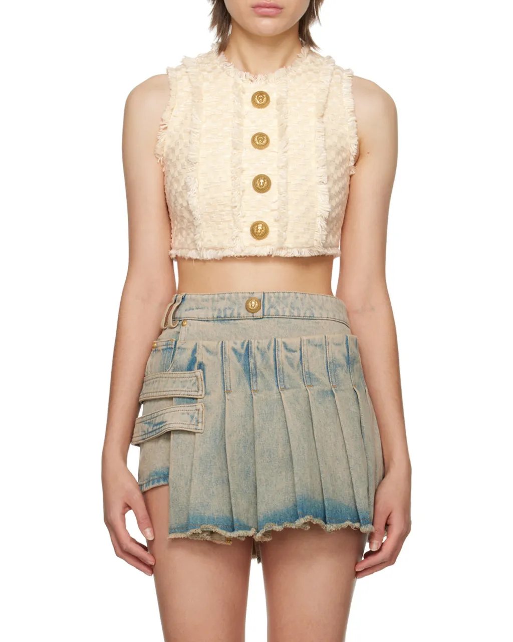 Tweed Crop Top With Buttons