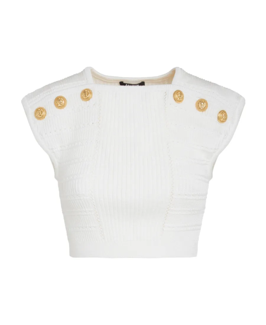 Button-Embellished Knitted Cropped Top