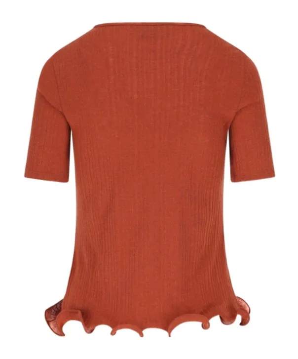 Logo Embroidered Ruffled-Hem Ribbed Top