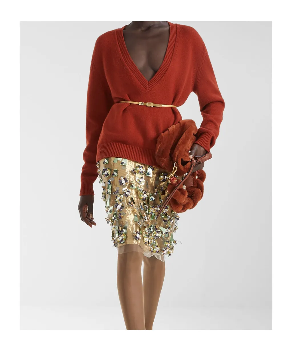 V-Neck Elastic Waistband Knitted Jumper