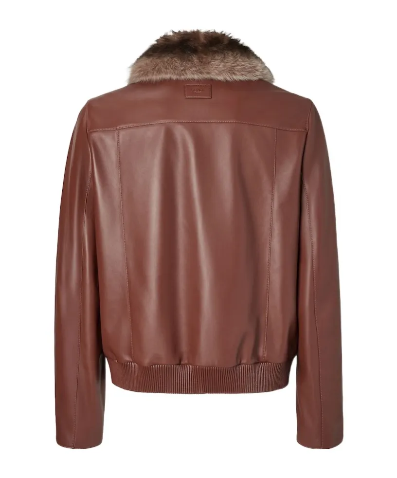 Faux-Fur Collar Leather Bomber Jacket