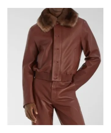 Faux-Fur Collar Leather Bomber Jacket