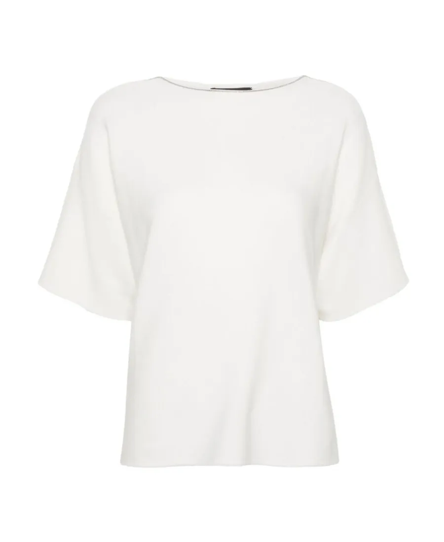 Beaded-Trim Wide-Neck Knitted Blouse