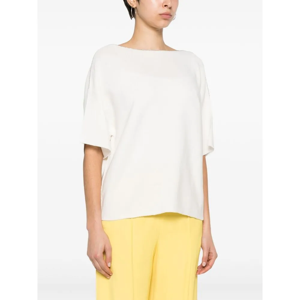 Beaded-Trim Wide-Neck Knitted Blouse