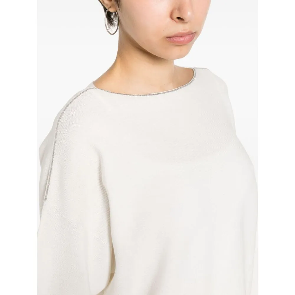 Beaded-Trim Wide-Neck Knitted Blouse