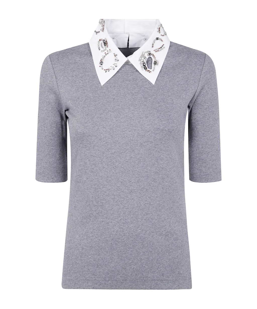 Ribbed Short Sleeve T-Shirt With Embroidered Collar