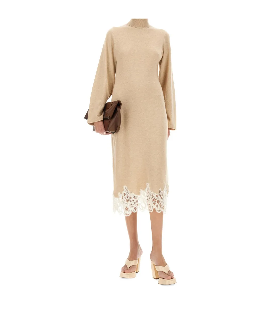 Lace-Edge Turtleneck Knitted Dress