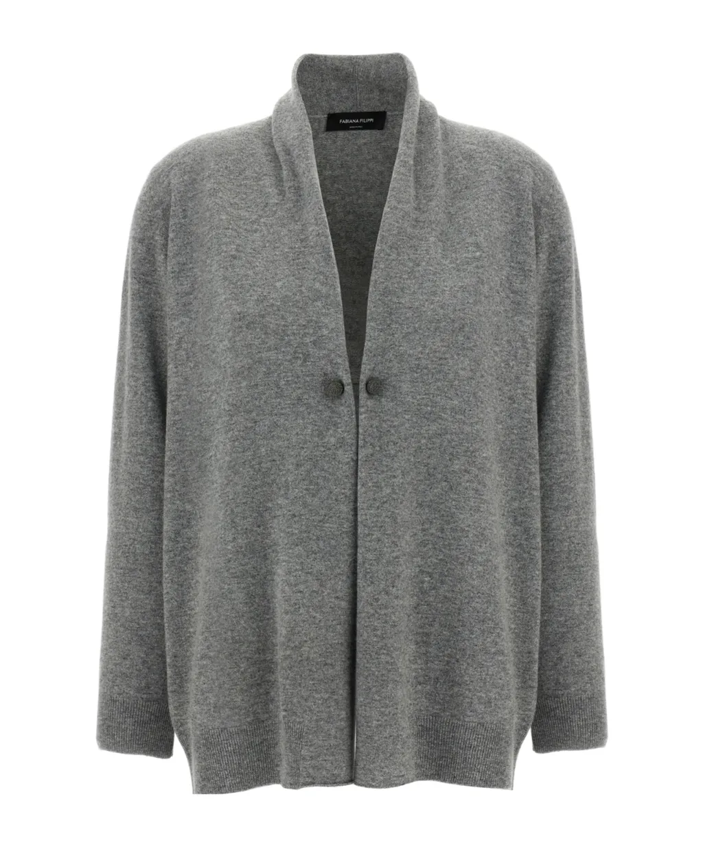 Shawl-Collar Jewel-Brooch Cardigan