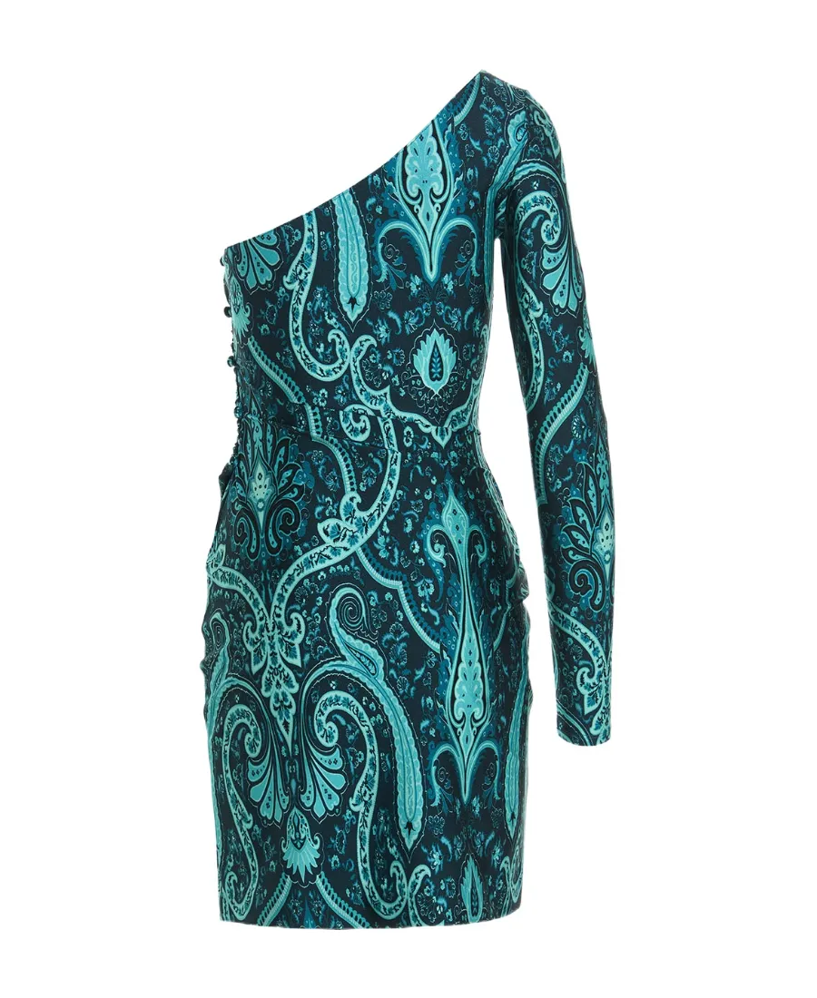 Paisley-Printed One-Shoulder Asymmetric Mini Dress