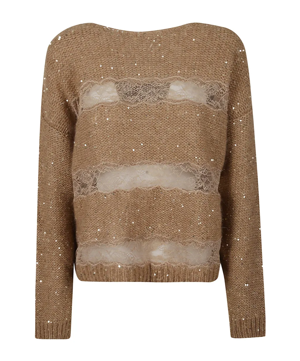 Sequined Lace Panel Sweater