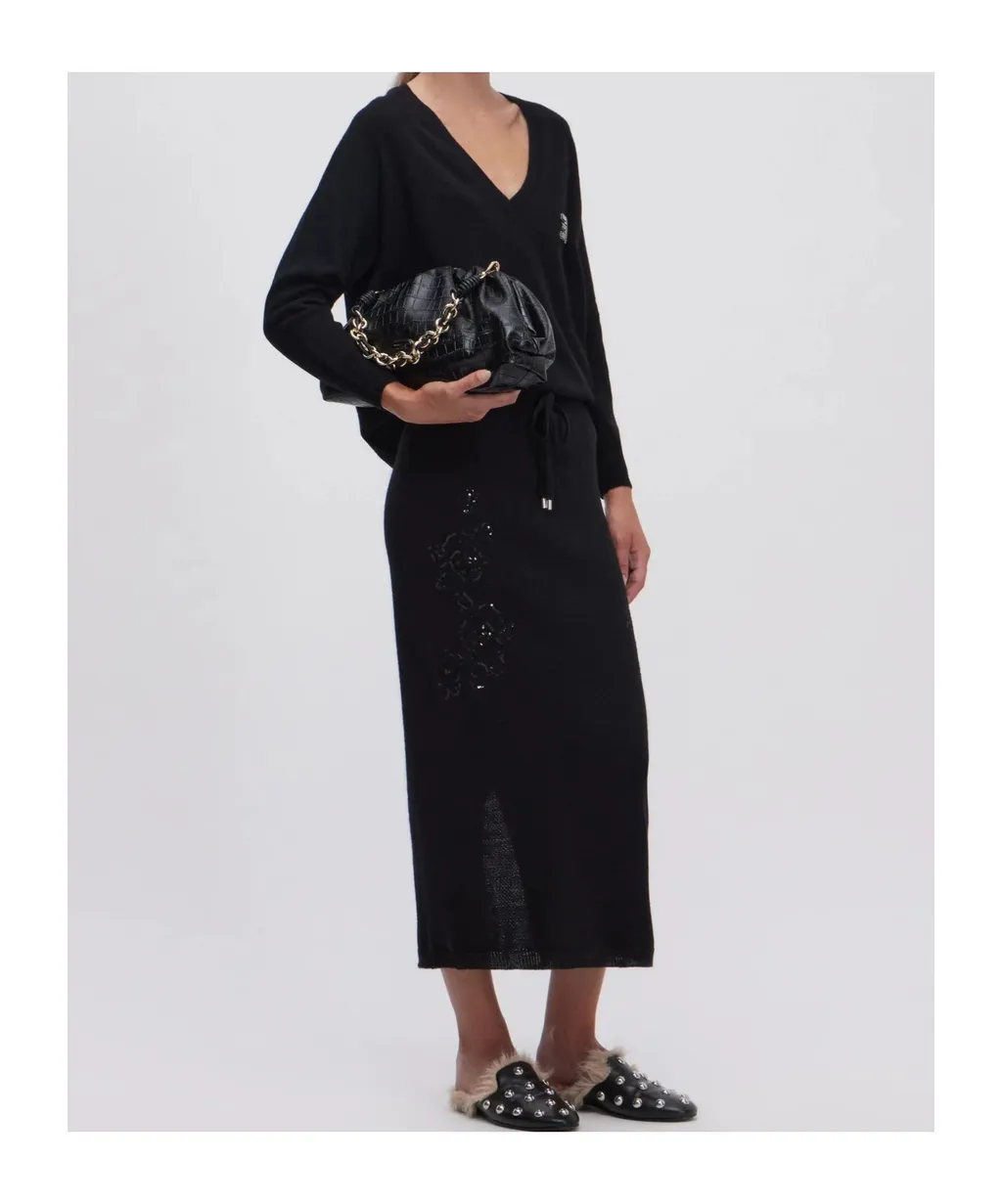 Sequin Embroidered Knitted Midi Skirt