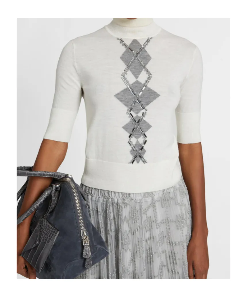 Bead-Embellished Diamond-Pattern T-Shirt
