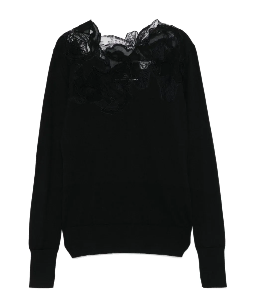 Floral-Lace Neckline Sweater