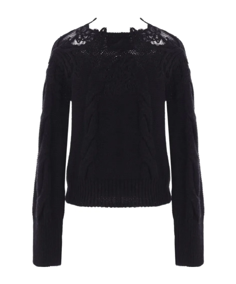 Lace-Insert Cable-Knit Crewneck Jumper