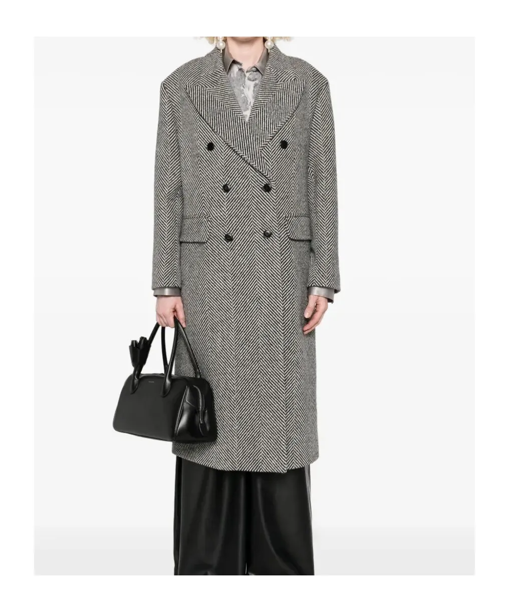 Herringbone-Pattern Double-Breasted Coat