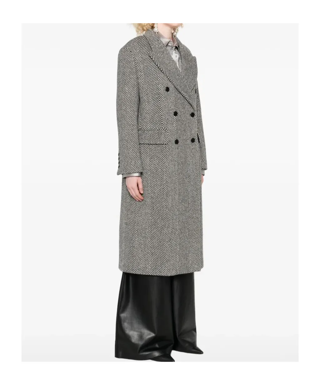 Herringbone-Pattern Double-Breasted Coat