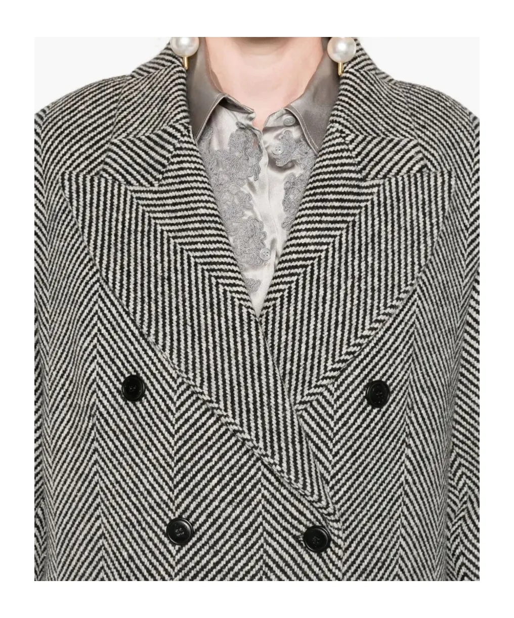 Herringbone-Pattern Double-Breasted Coat