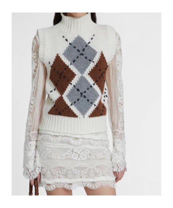 Pure Cashmere Top With Two-Tone Argyle Motif