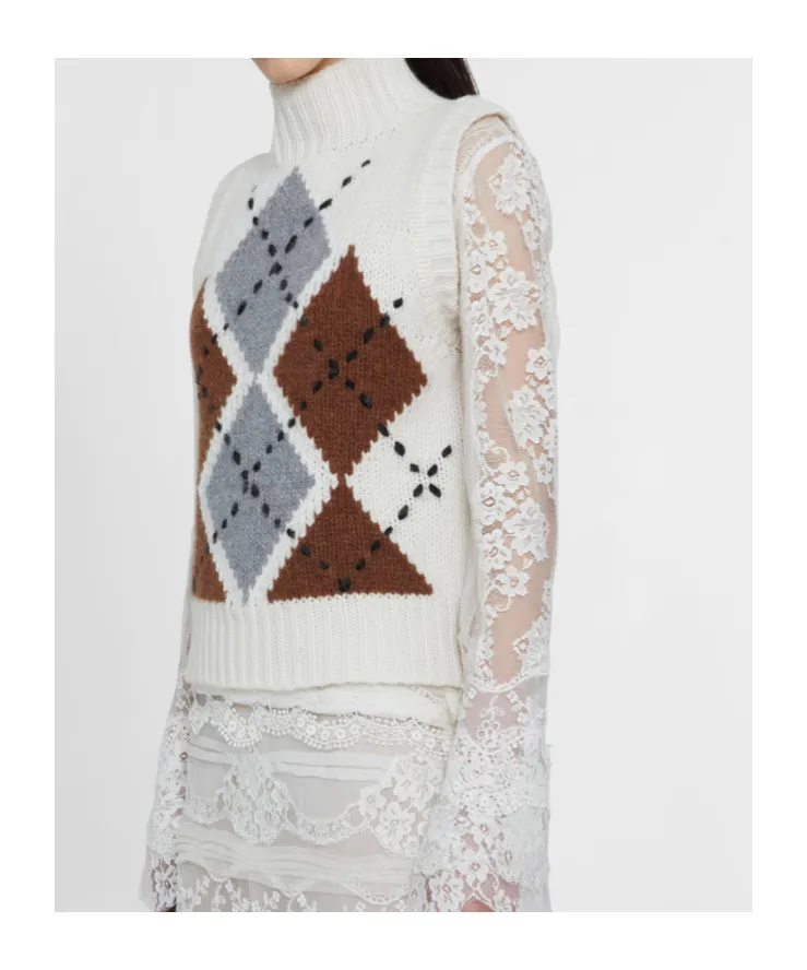 Pure Cashmere Top With Two-Tone Argyle Motif