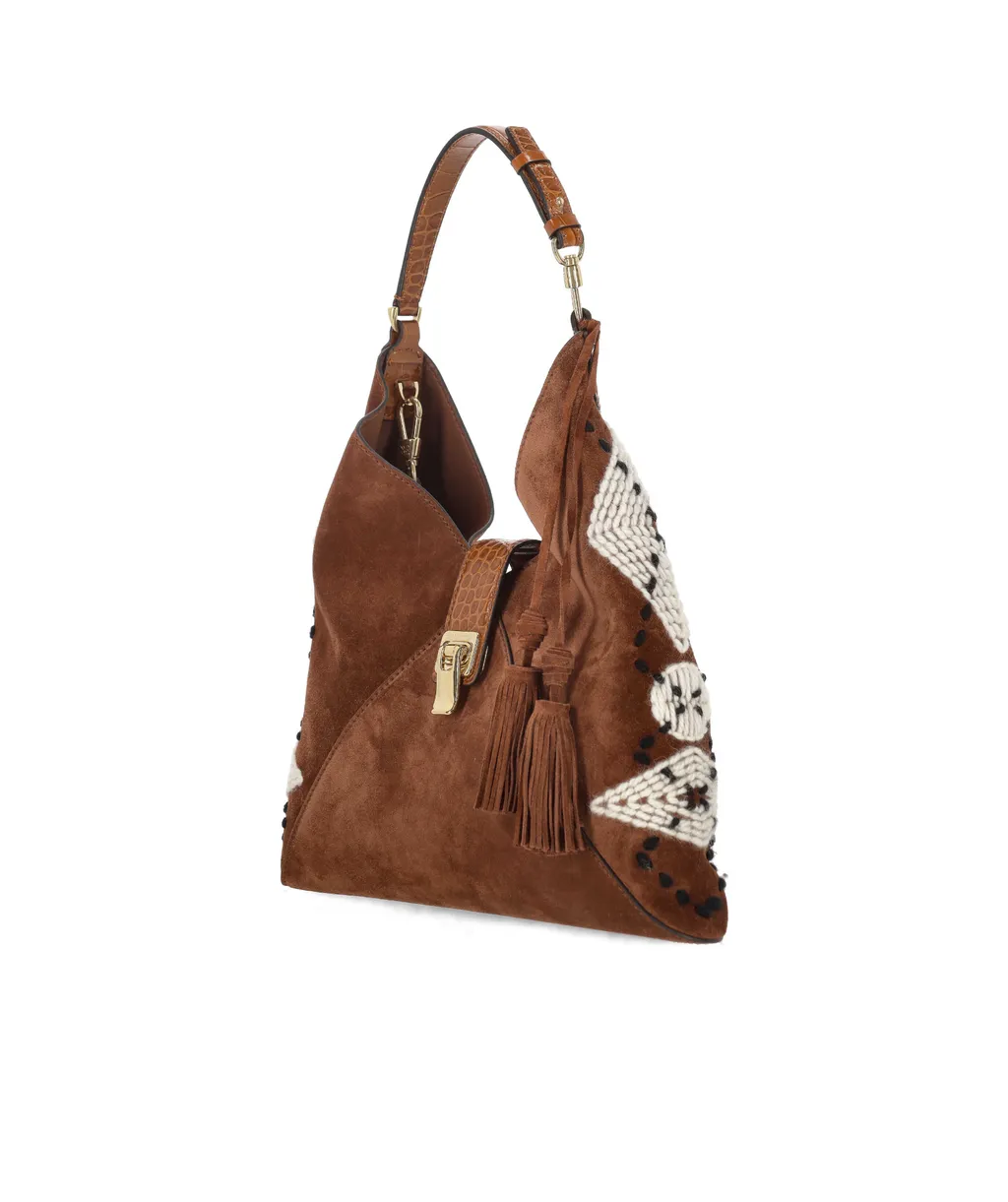 Suede Knitted-Detail Shoulder Bag