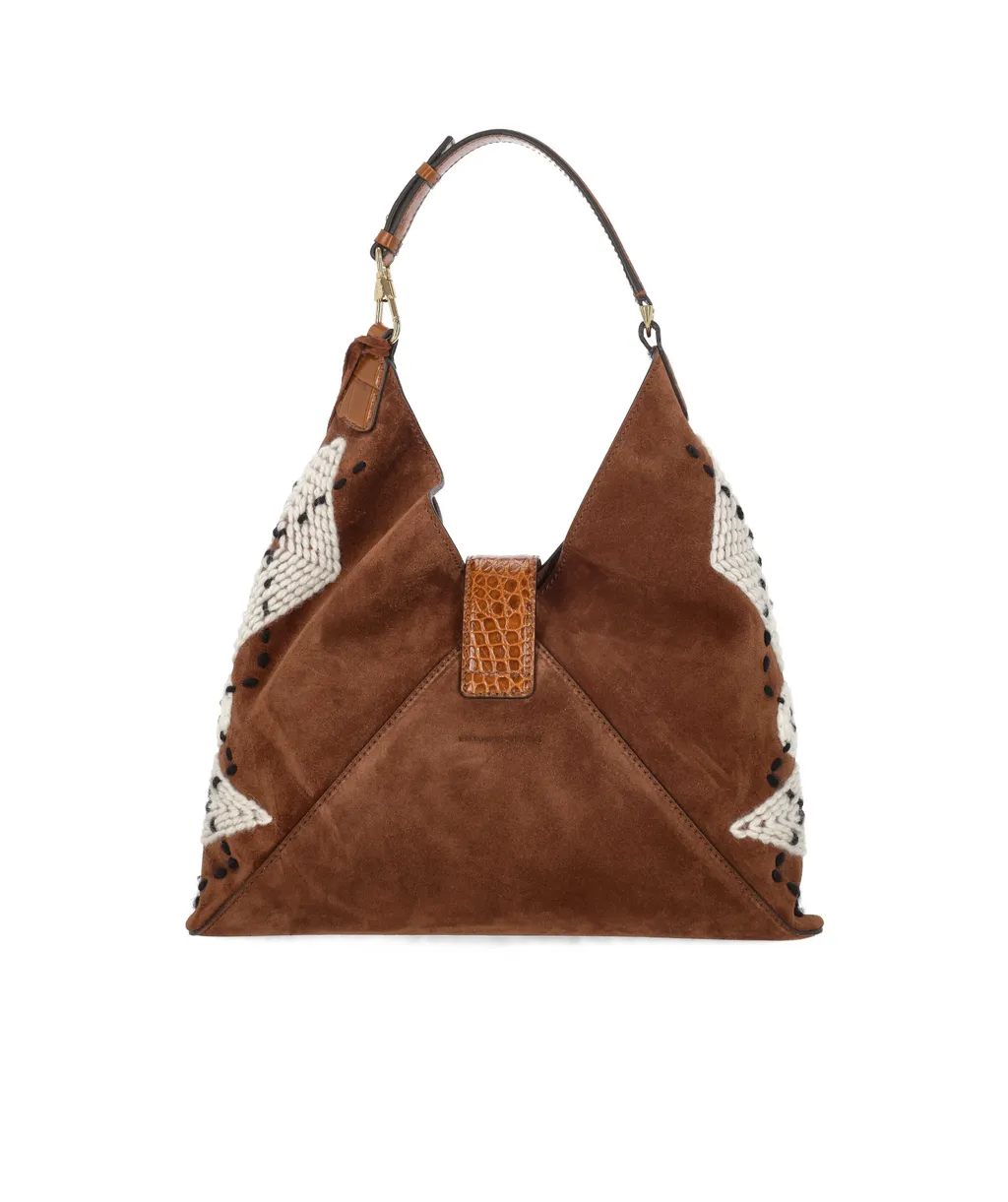 Suede Knitted-Detail Shoulder Bag