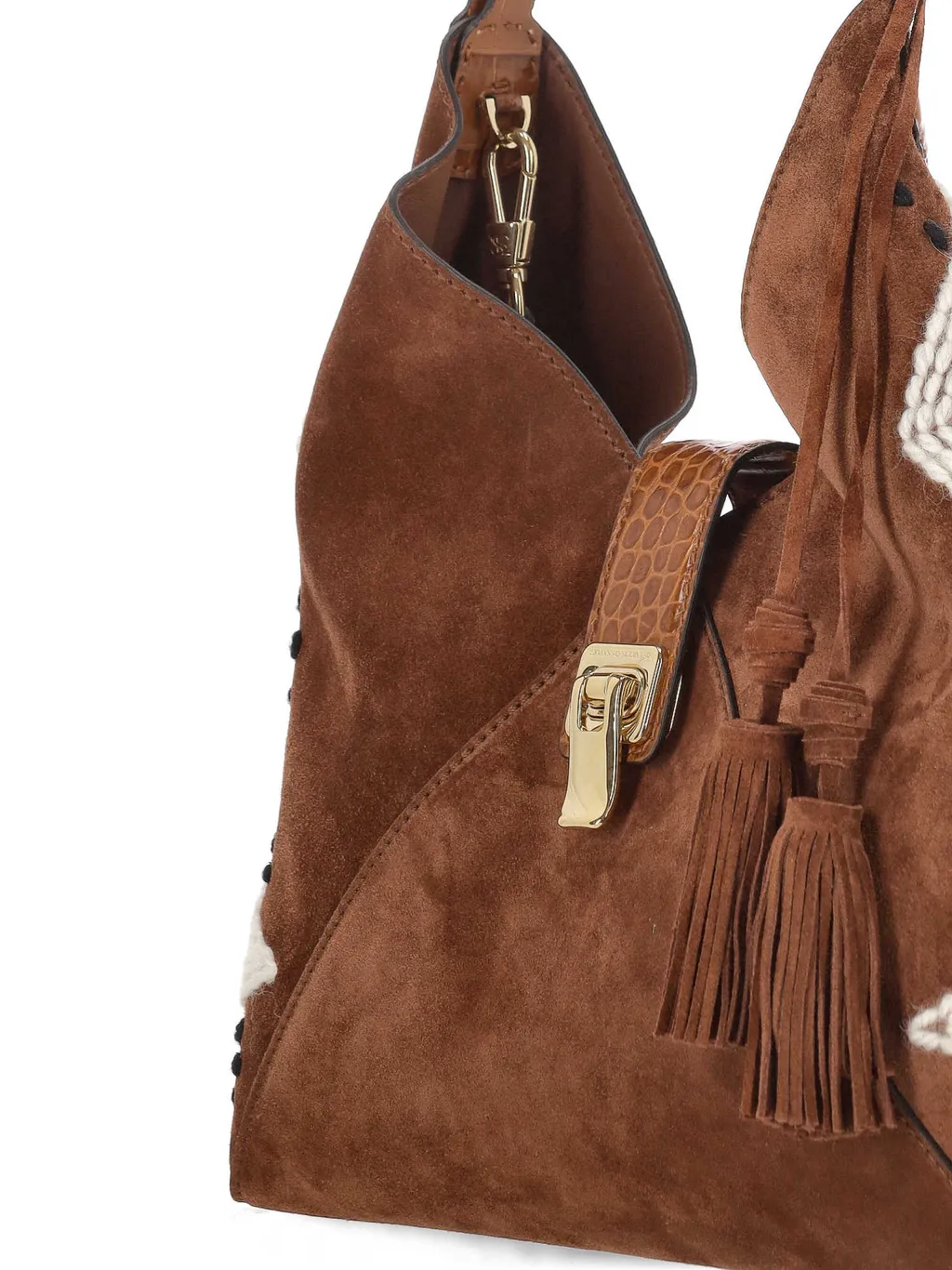 Suede Knitted-Detail Shoulder Bag