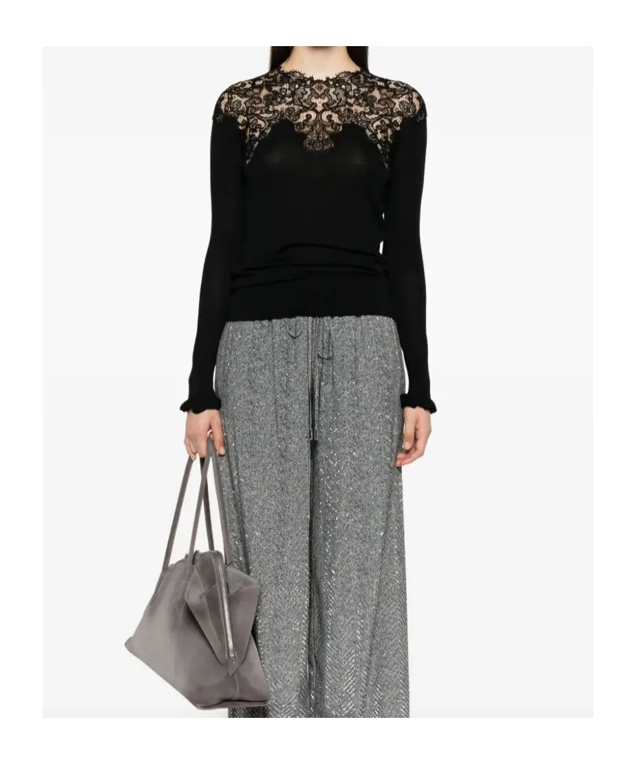 Lace-Trimmed Merino Wool T-Shirt