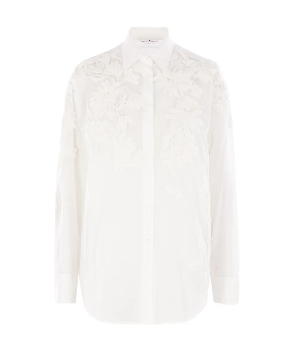 Handmade Ribbon Floral Embroidery Oversized Muslin Shirt