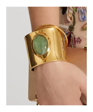 Rigid Band Bracelet With Semi-Precious Light Green Hard Stone Cabouchon