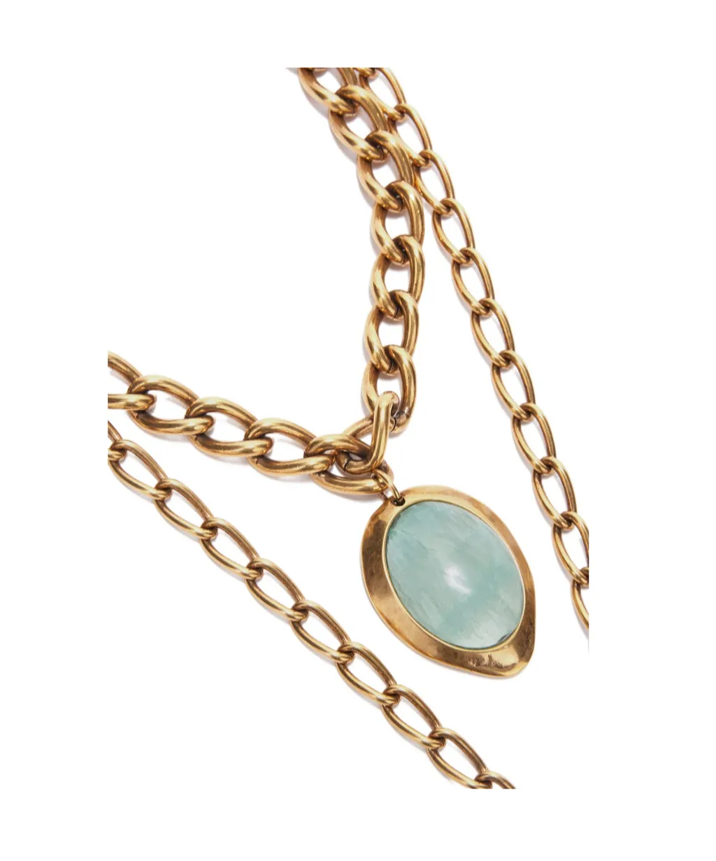 Necklace With Double Chain And Semi-Precious Light Blue Hard Stone