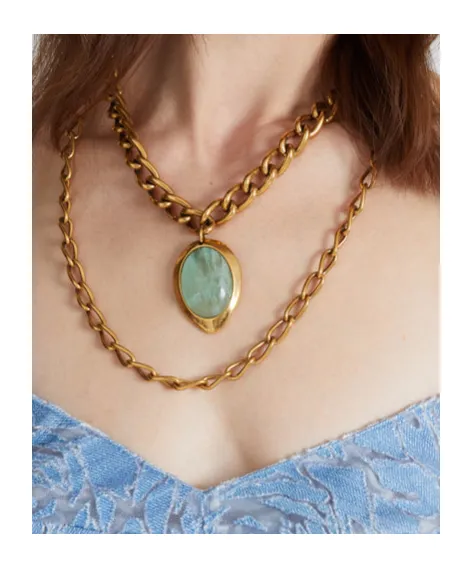 Necklace With Double Chain And Semi-Precious Light Blue Hard Stone