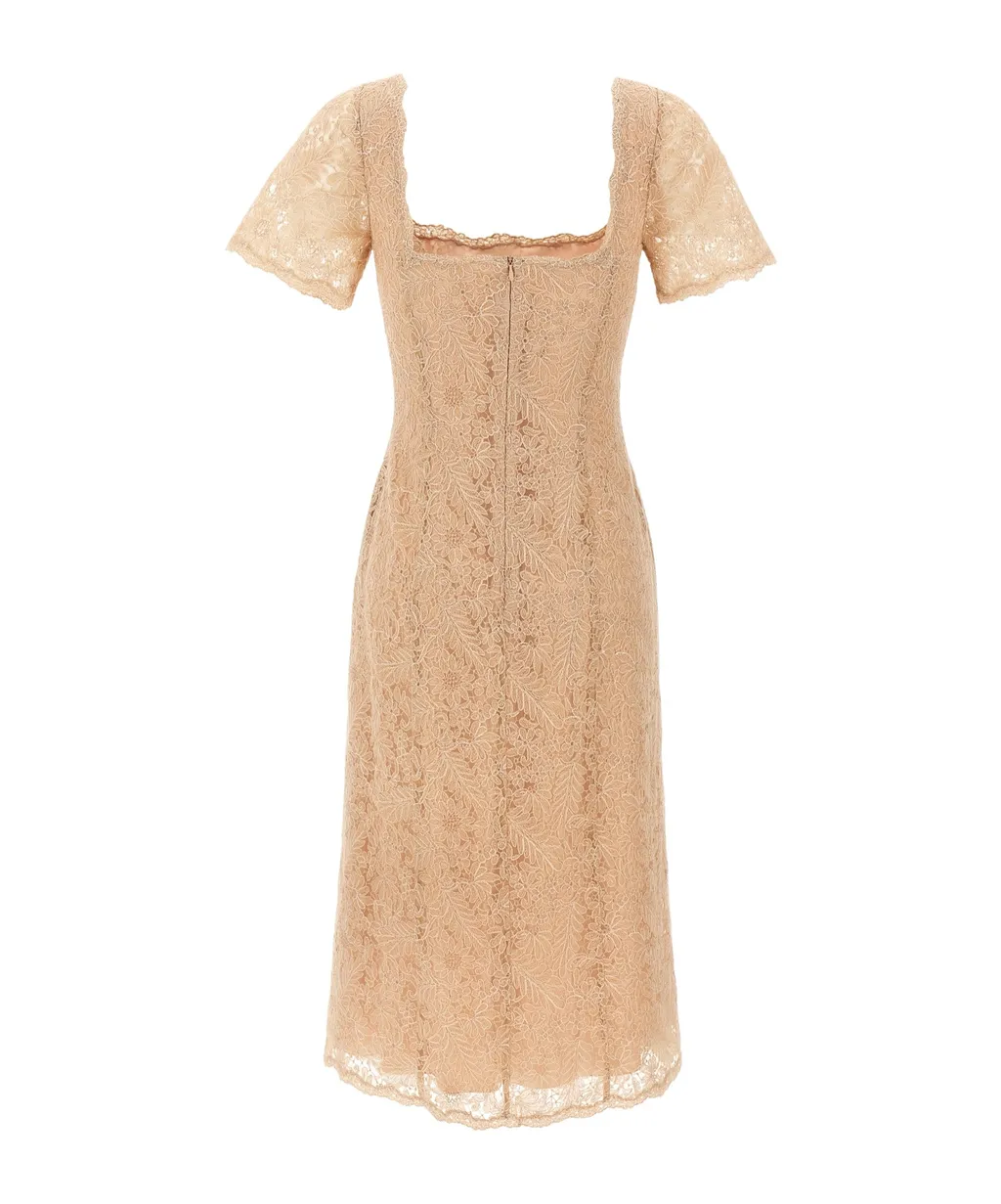Floral-Lace Square Neck Midi Dress