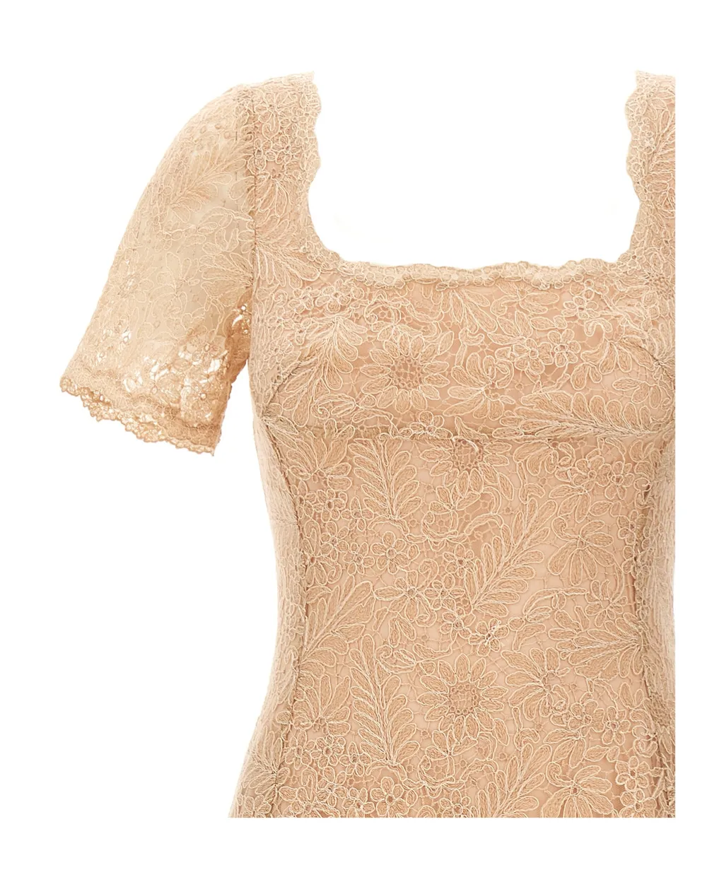 Floral-Lace Square Neck Midi Dress