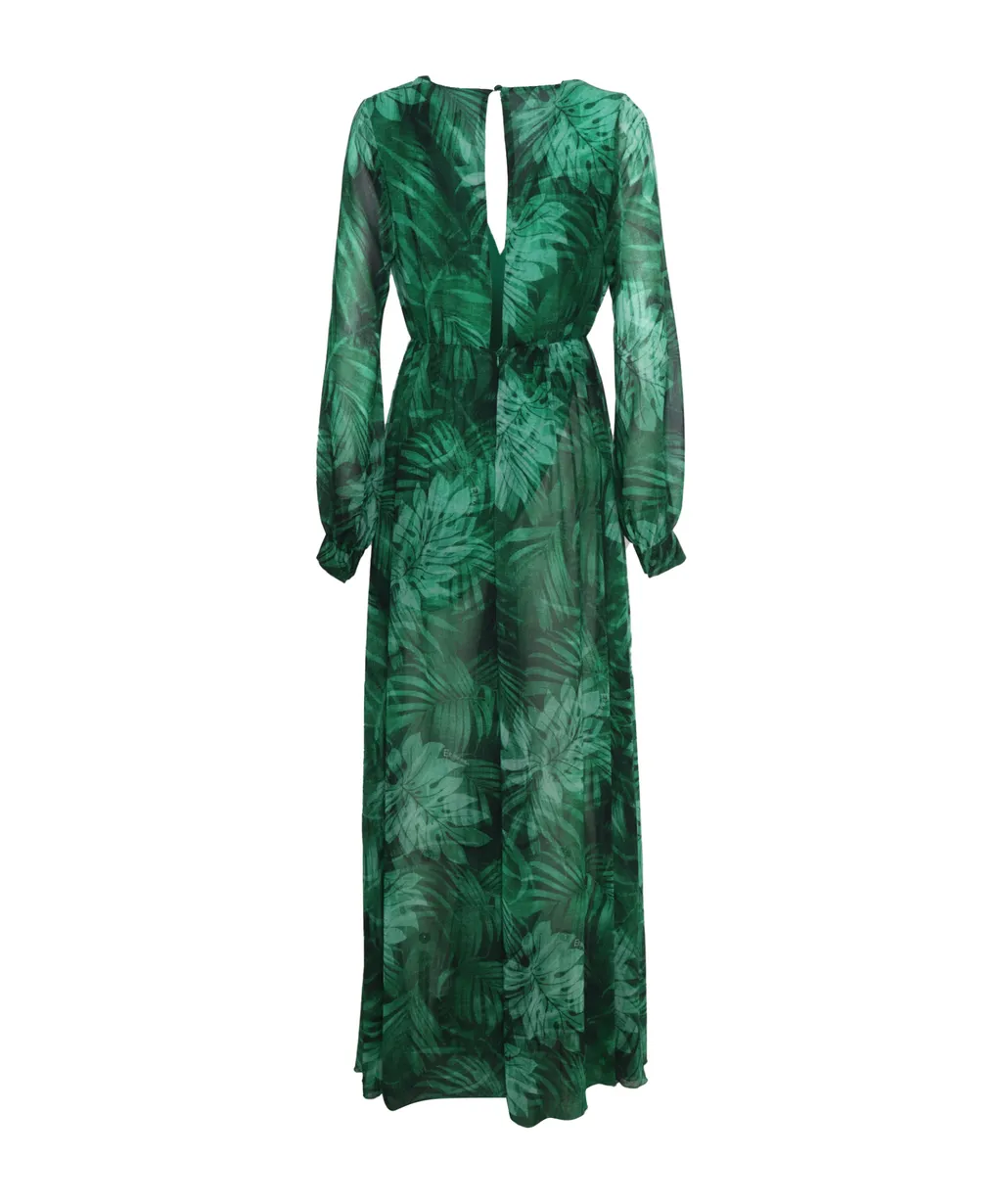 Leaves-Printed V-Neck Maxi Dress