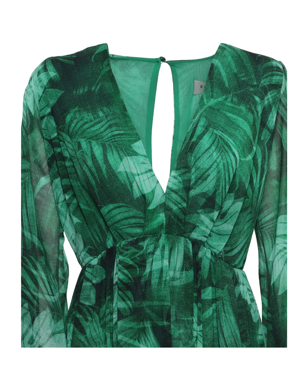 Leaves-Printed V-Neck Maxi Dress
