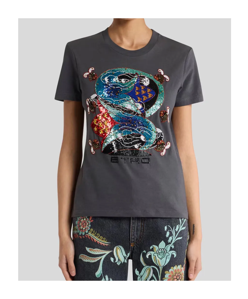 Cotton T-Shirt With Sequin Embroidery