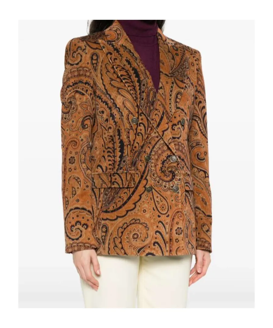 Paisley Jacquard Double-Breasted Corduroy Blazer