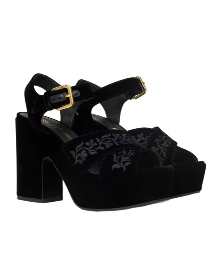 Velvet Platform Sandals With Embroidery
