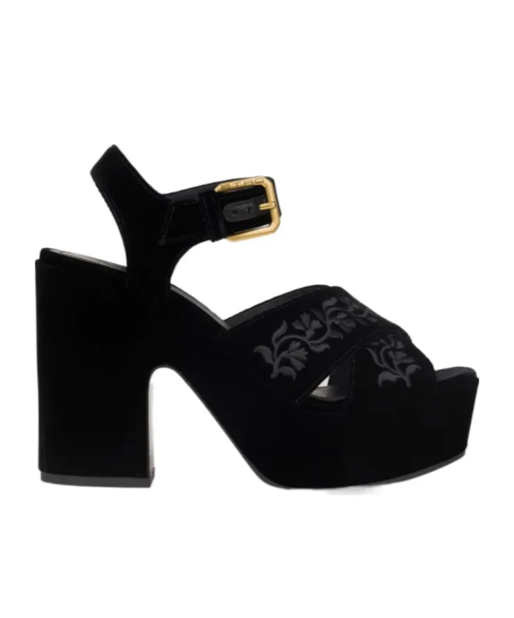 Velvet Platform Sandals With Embroidery