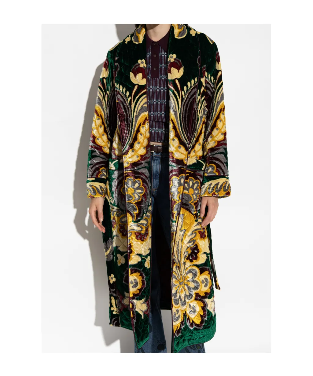 Graphic Printed Belted Velvet Coat