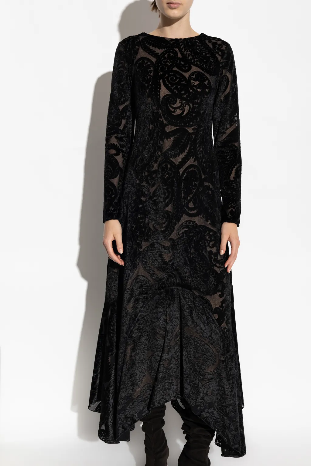 Crewneck Long-Sleeved Velvet Dress
