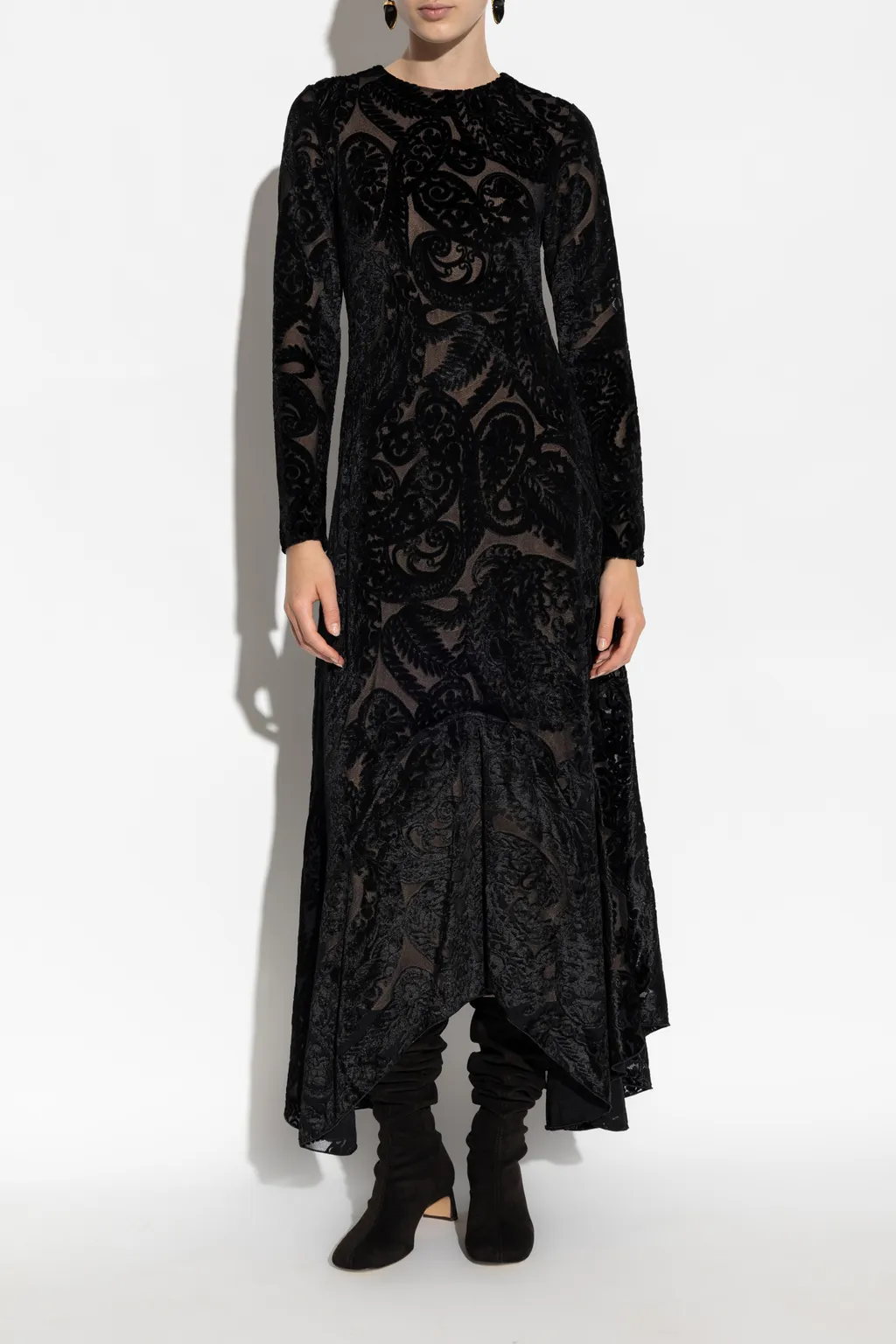 Crewneck Long-Sleeved Velvet Dress