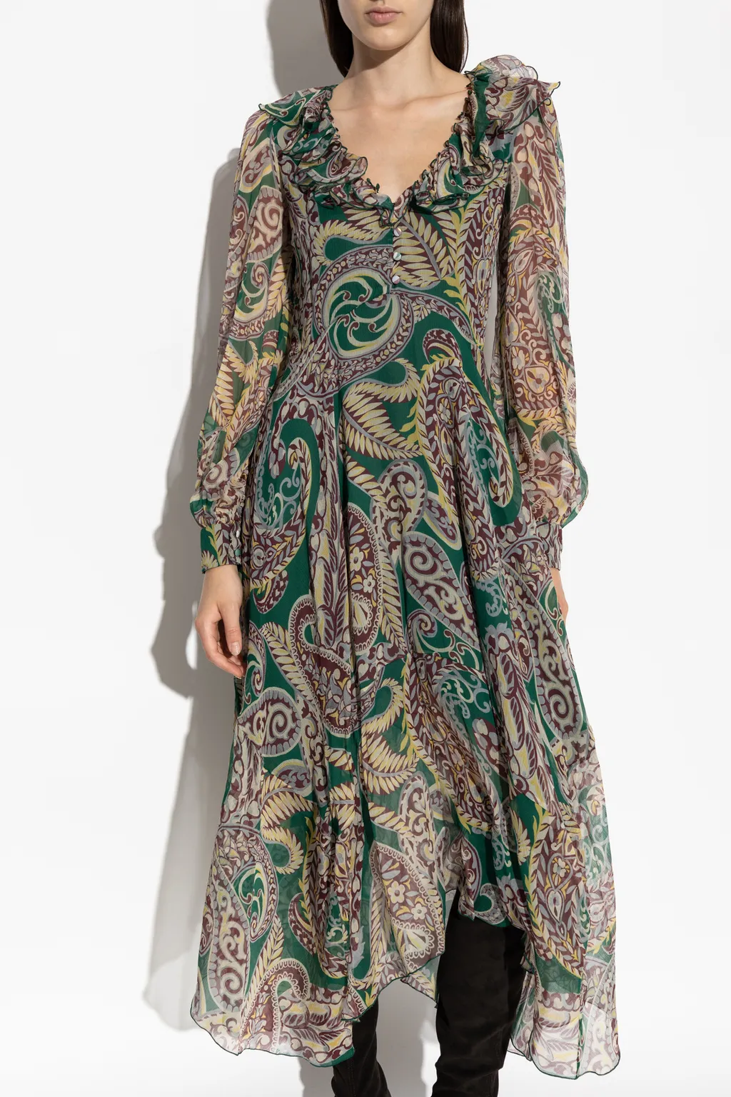Long Silk Crepon Dress With Paisley Motif