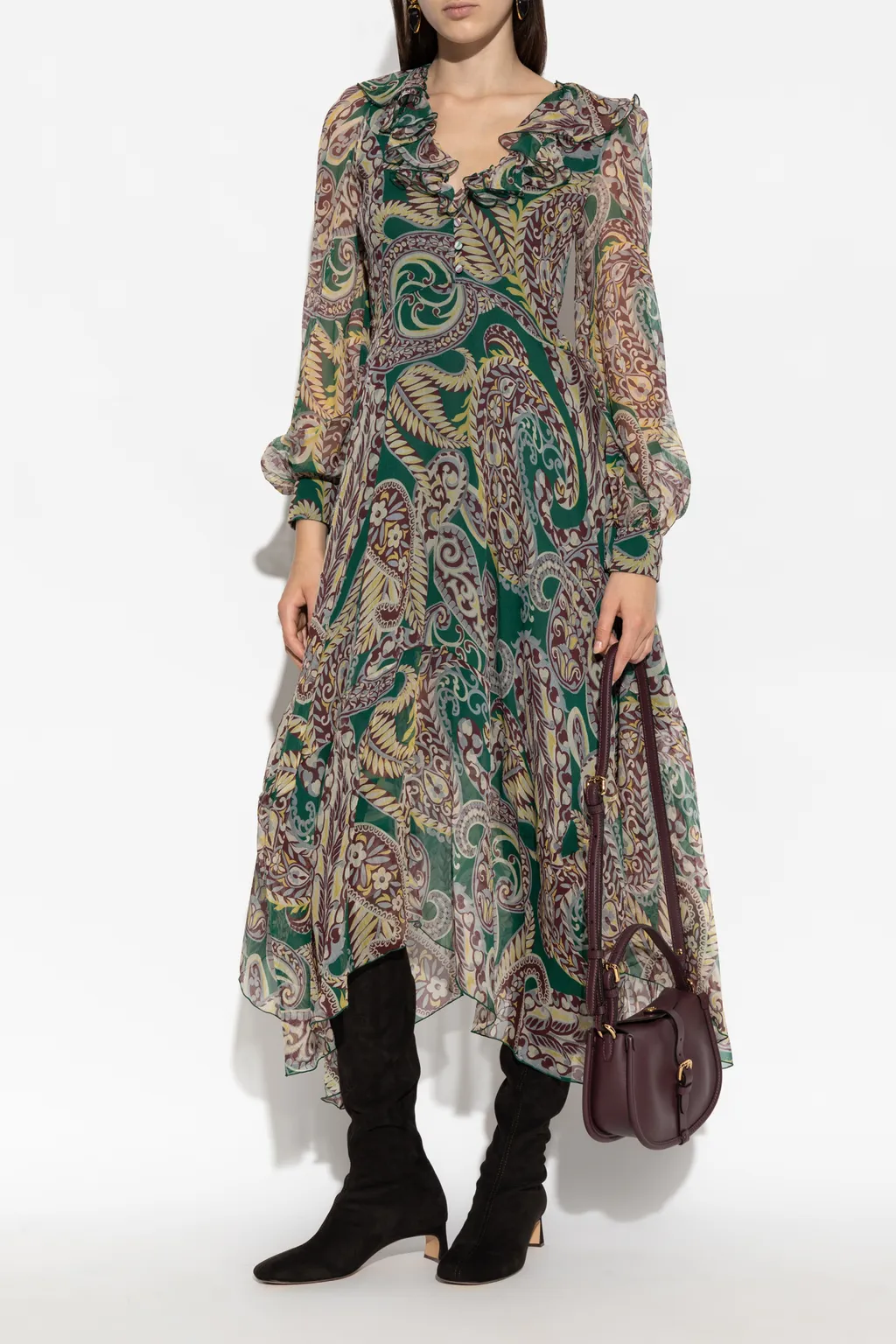 Long Silk Crepon Dress With Paisley Motif
