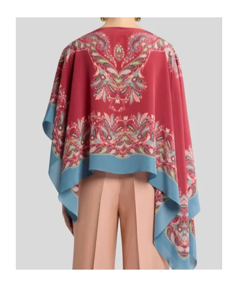 Asymmetric Silk Poncho Top With Placed Print
