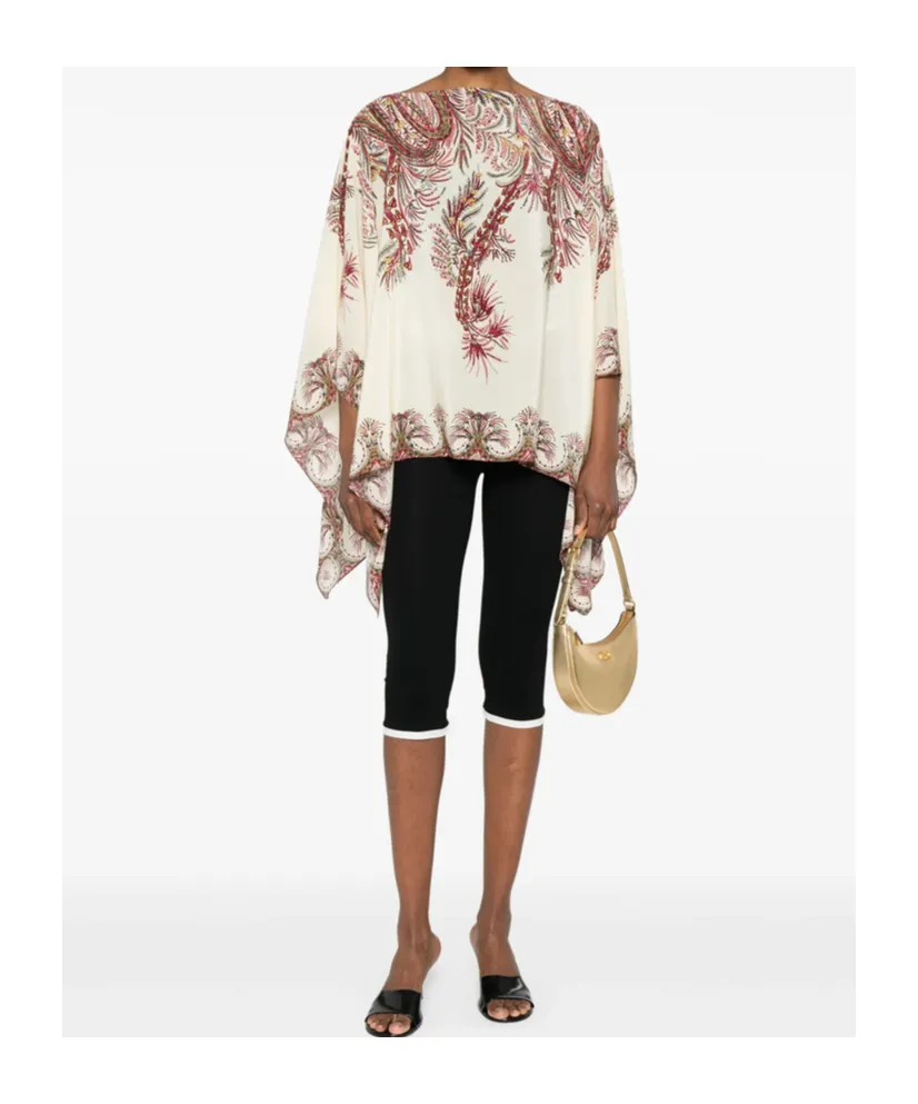 Silk Poncho Top With Placed Print