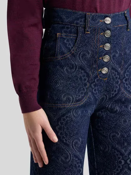 Flared Jacquard Denim Jeans With Pegaso Buttons