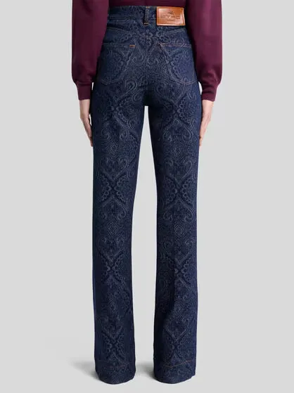 Flared Jacquard Denim Jeans With Pegaso Buttons
